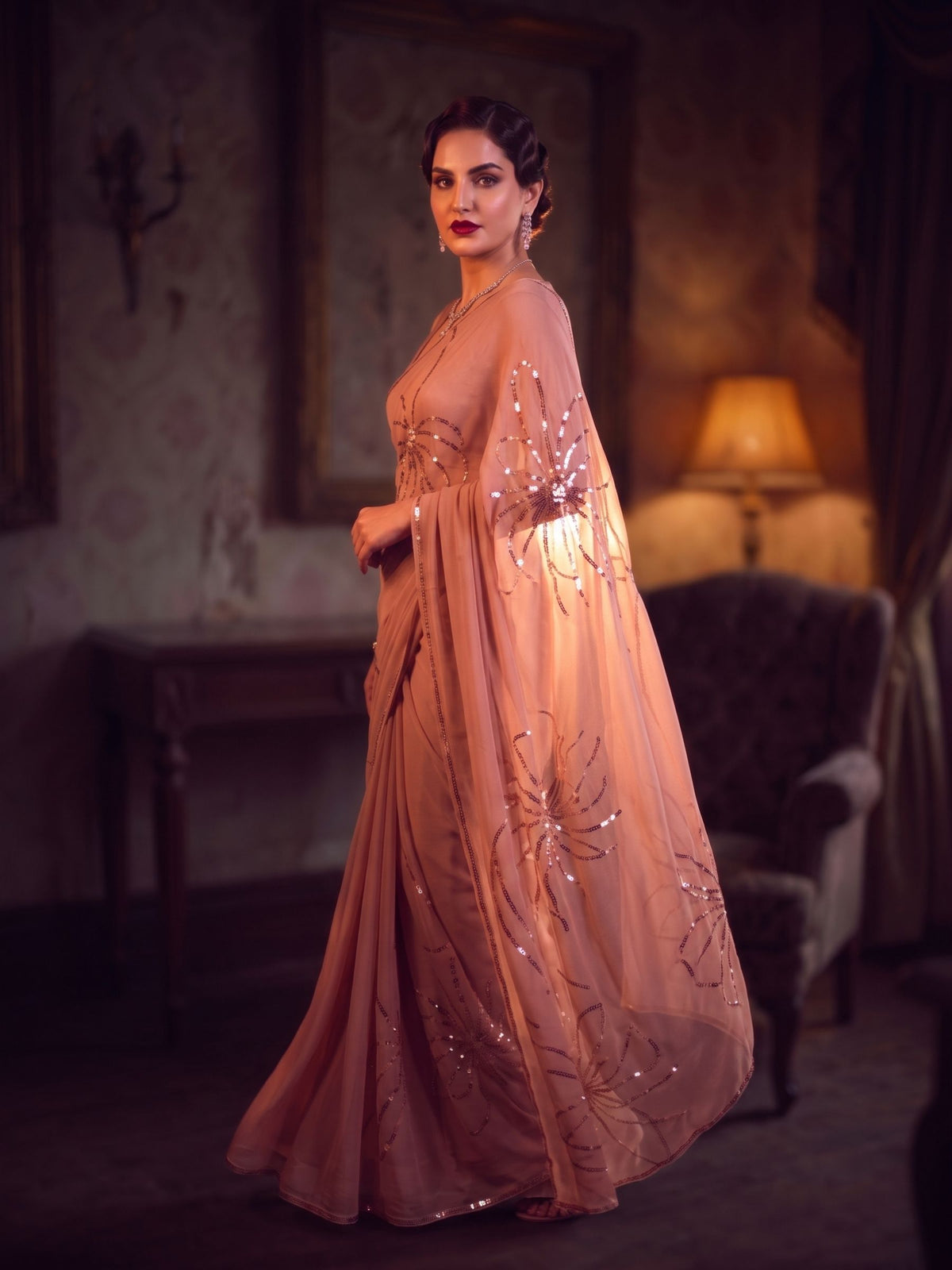 Leading Lady - Dusty Pink Sequin Pure Chiffon Partywear Saree