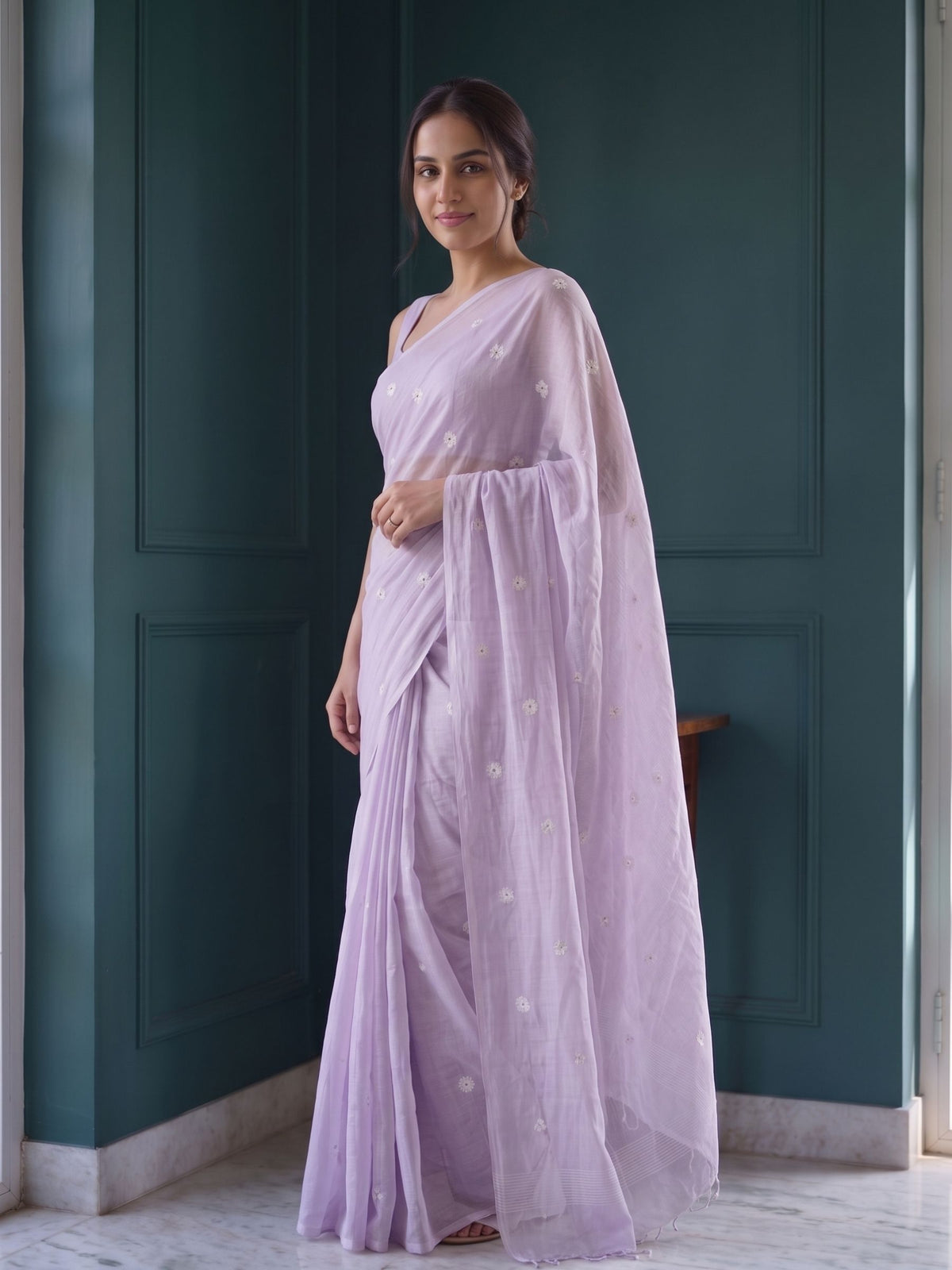 Lilac Bloom - Lavender Floral Original Dhakai Jamdani Saree