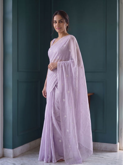 Lilac Bloom - Lavender Floral Original Dhakai Jamdani Saree