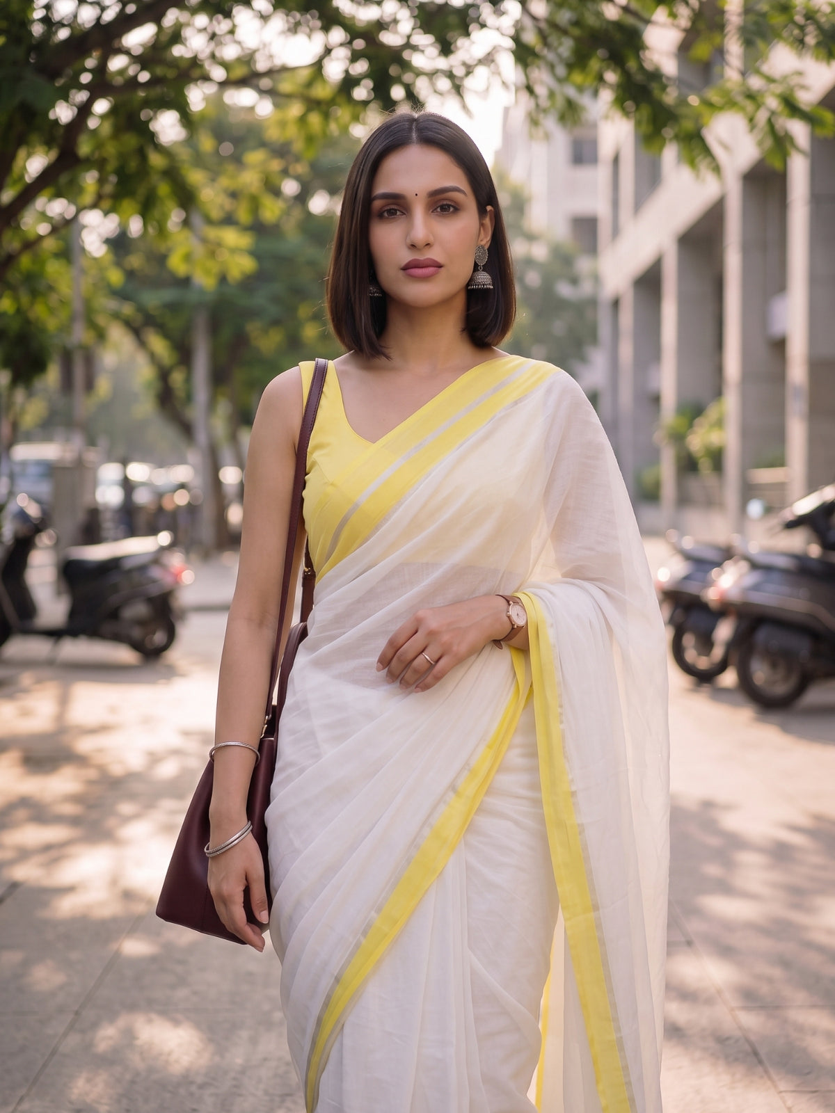 Bright Side - White Mulmul Cotton Saree With Yellow Border
