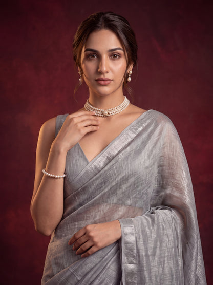 Silver - Plain Handloom Linen Tissue Saree