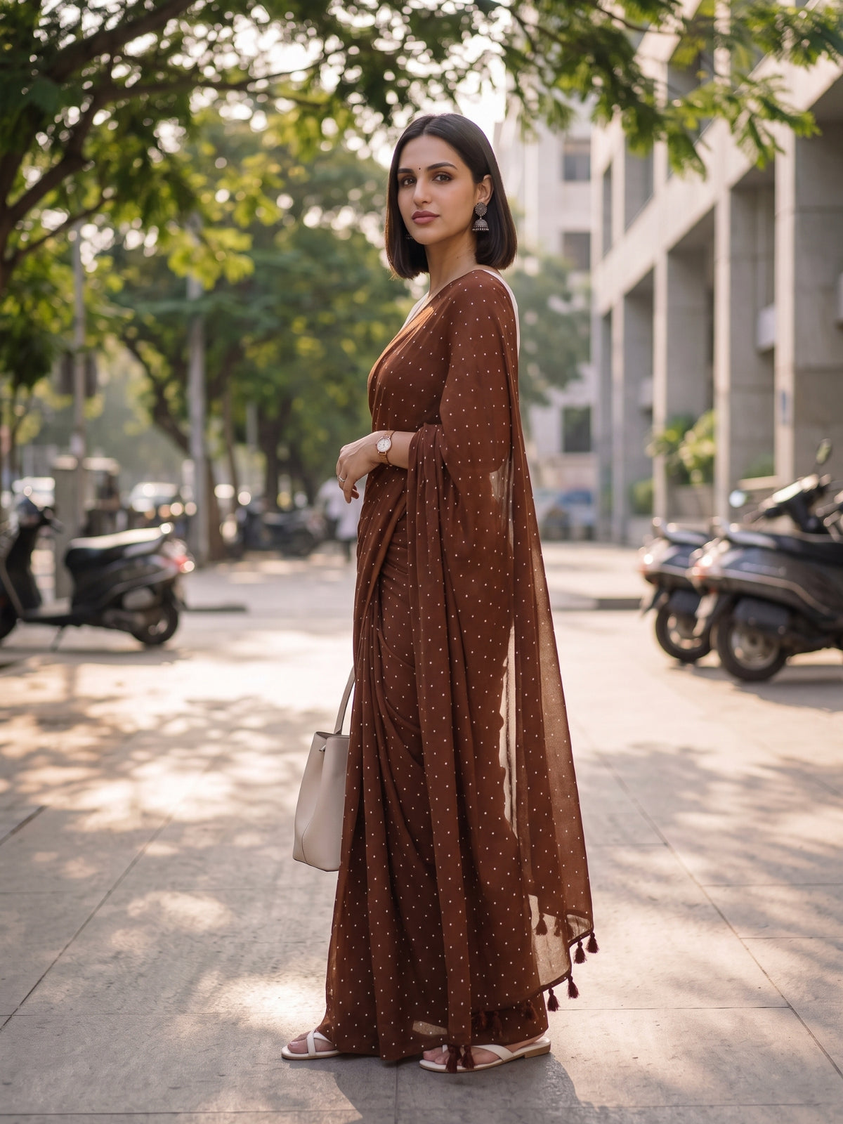 Dot Theory chocolate brown polka dot modal cotton saree, for office wear