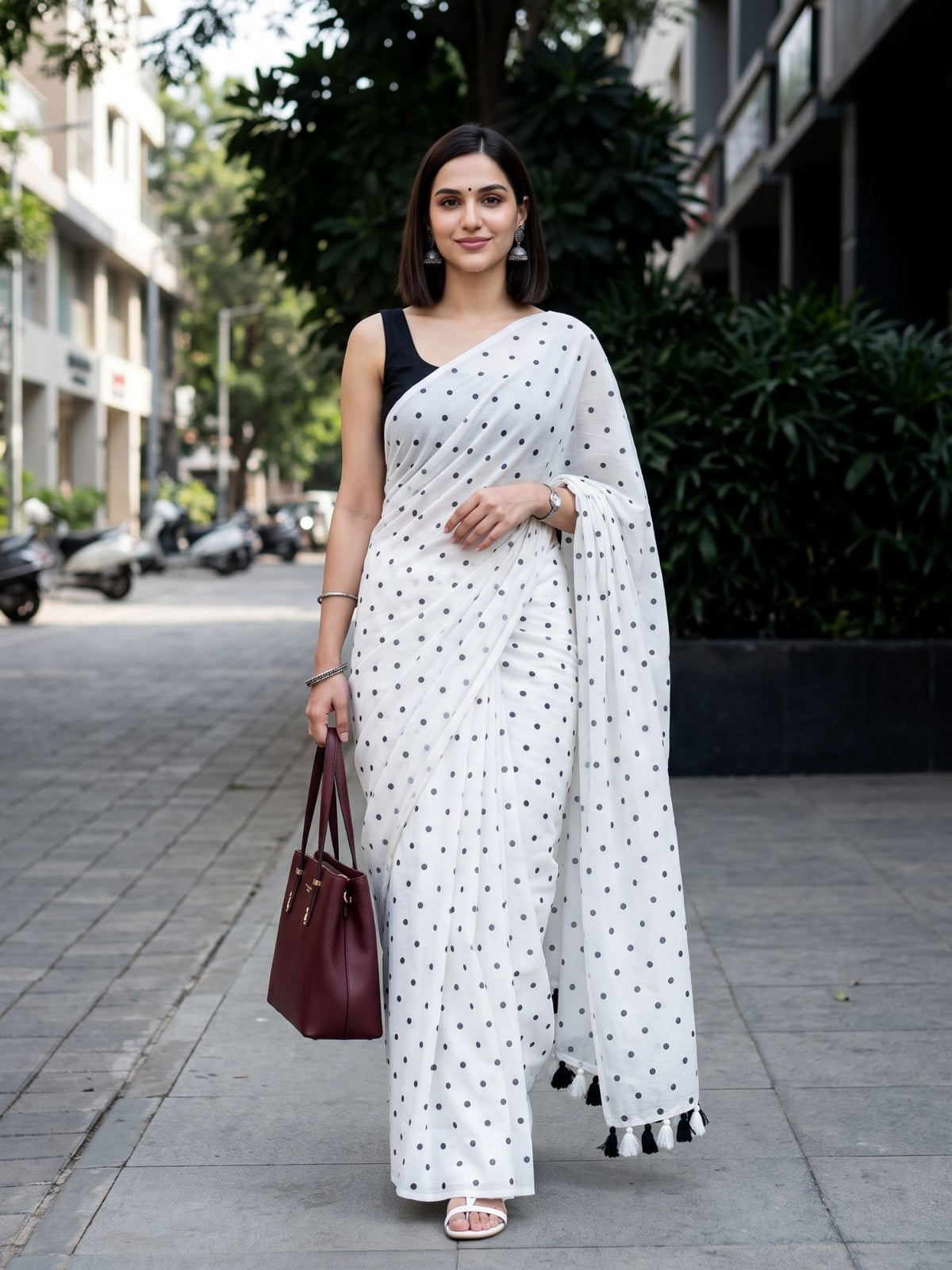 White polka dot modal cotton saree, Moonlit Pearl by MAYIN