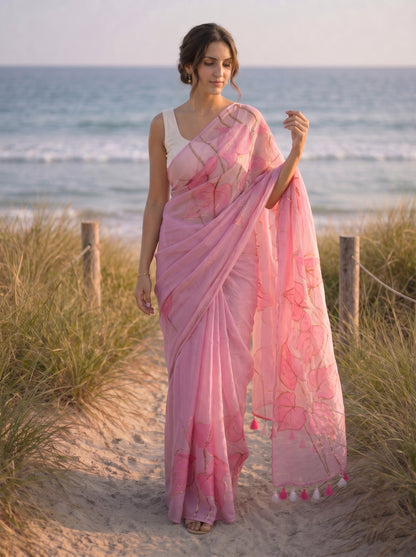Anthuria- Blush Pink Handpainted Mulmul Saree