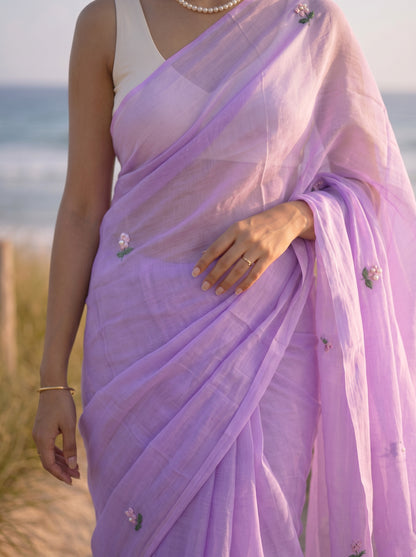 Periwinkle - Handembroidered Lilac Mulmul Cotton Saree