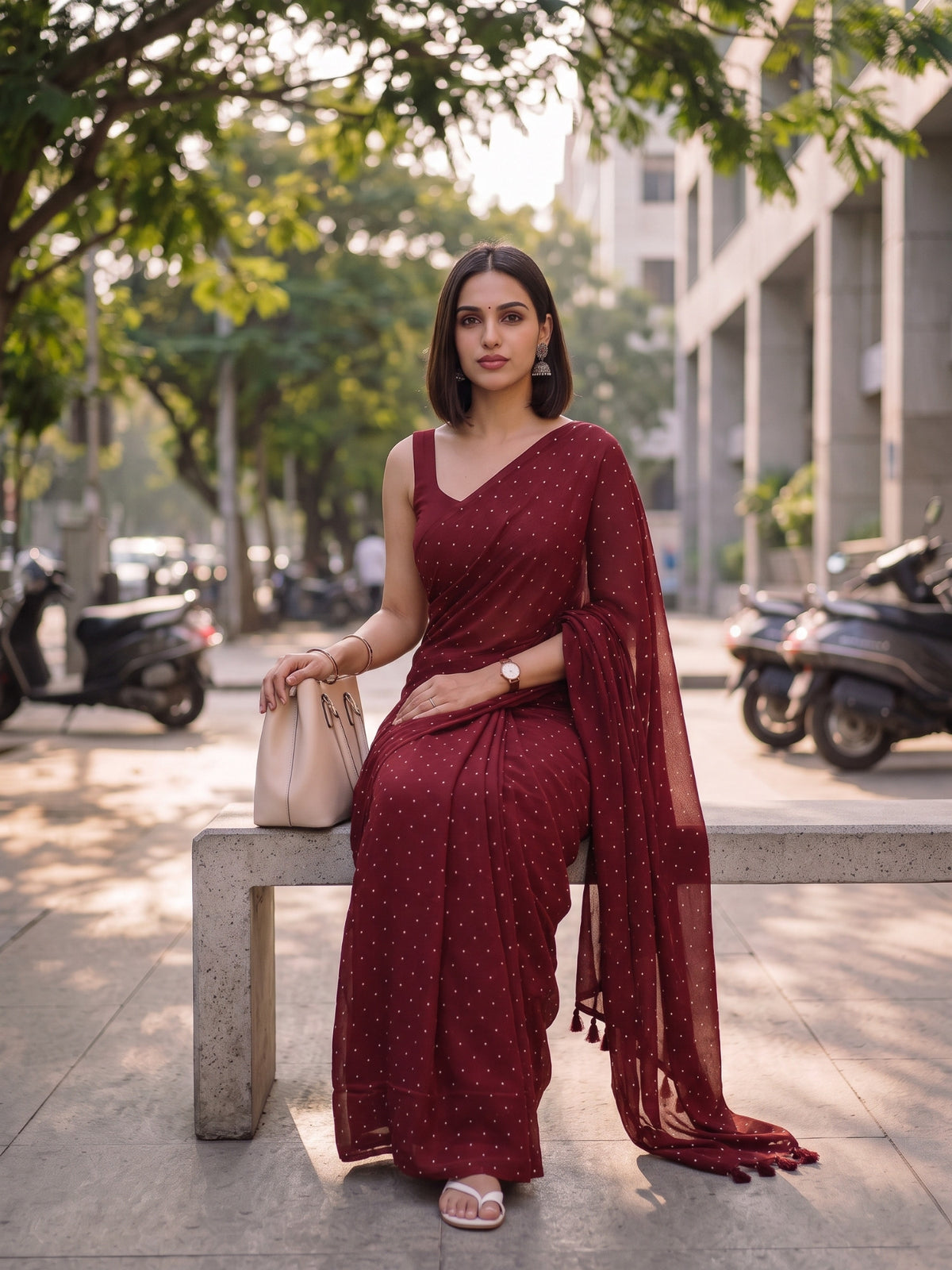 Regal Pin Drop maroon red polka dot modal cotton saree, for daily wear