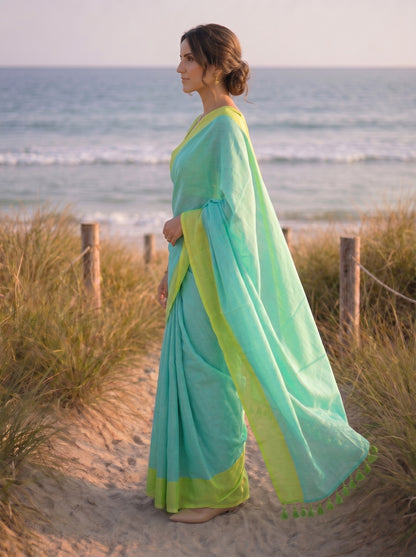 Citrus Shift - Turquoise Pure Mulmul Cotton Saree