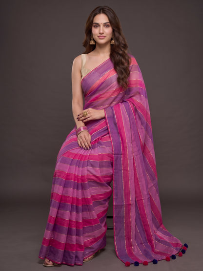 Abhira purple and pink striped mul cotton saree with zari, photo 4