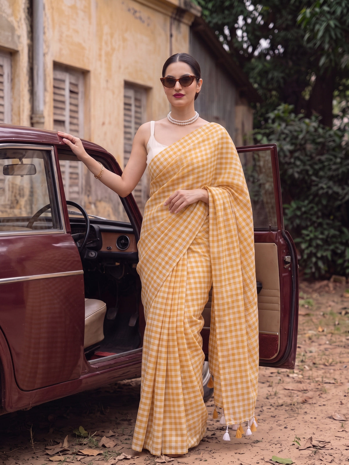 Harvest Sun - Mustard Yellow Gingham Mulmul Cotton Saree