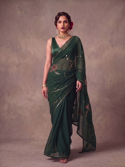 Emerald - Green Gold Sequin Pure Chiffon Partywear Saree