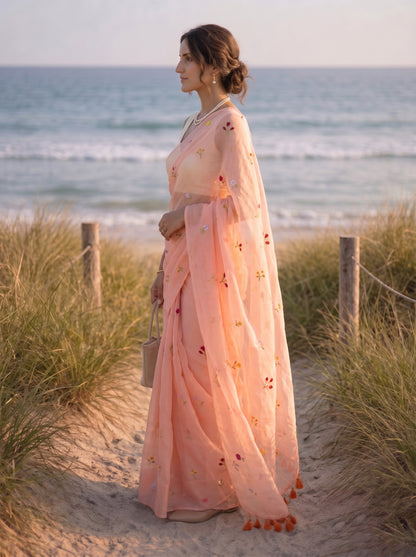 Gardenalia Peach - Embroidered Pure Mulmul Cotton Saree