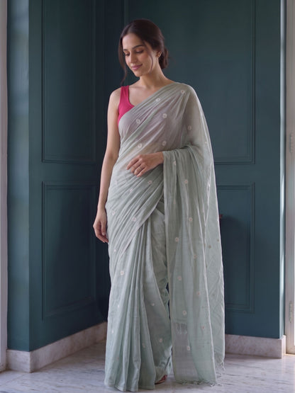 Sage - Green Floral Original Dhakai Jamdani Saree