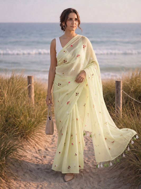 Gardenalia Pista - Embroidered Pure Mulmul Cotton Saree