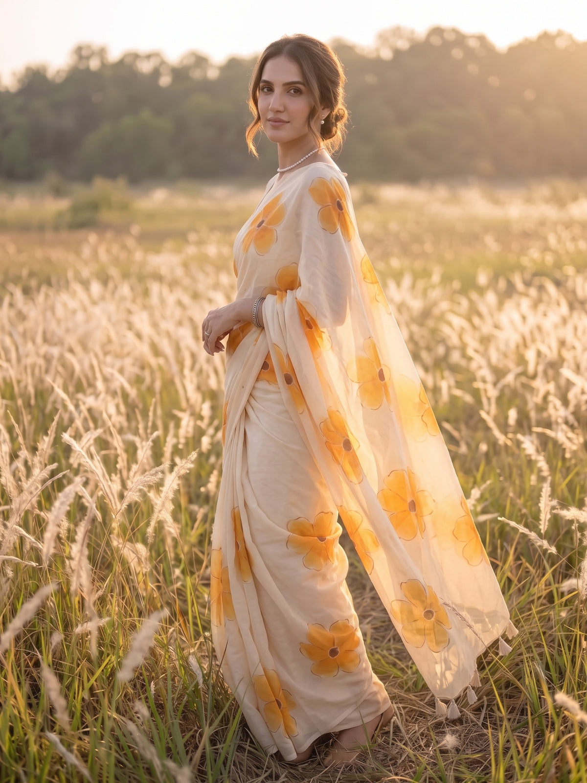 Beige hand painted mul cotton saree, Apricot Bloom by MAYIN