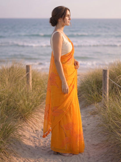 Anthuria- Orange Handpainted Mulmul Saree