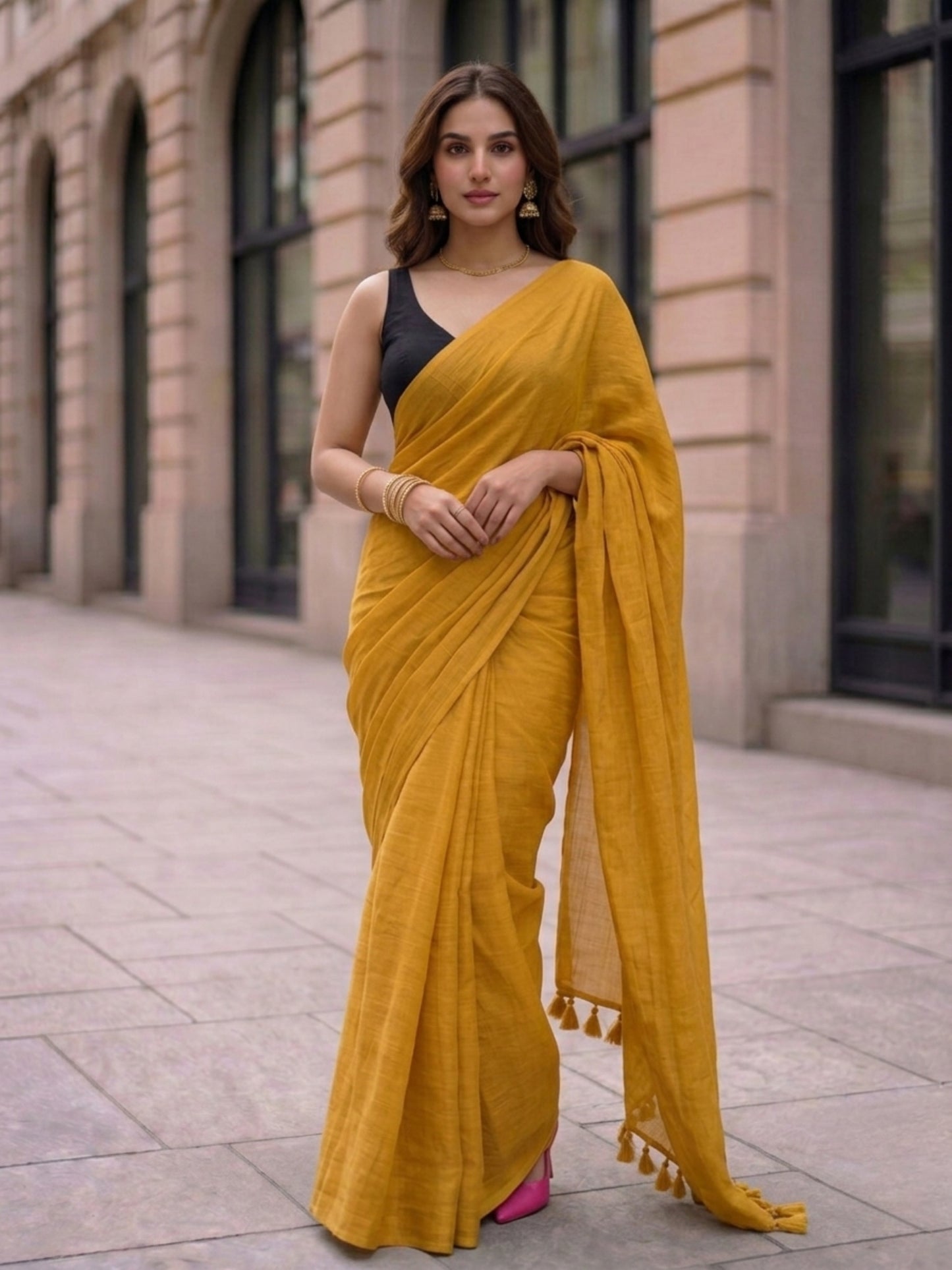 Amber - Plain Yellow Mul Modal Saree