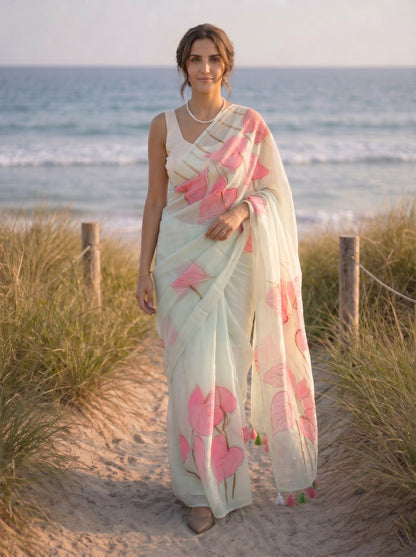 Anthuria- Mint Handpainted Mulmul Saree