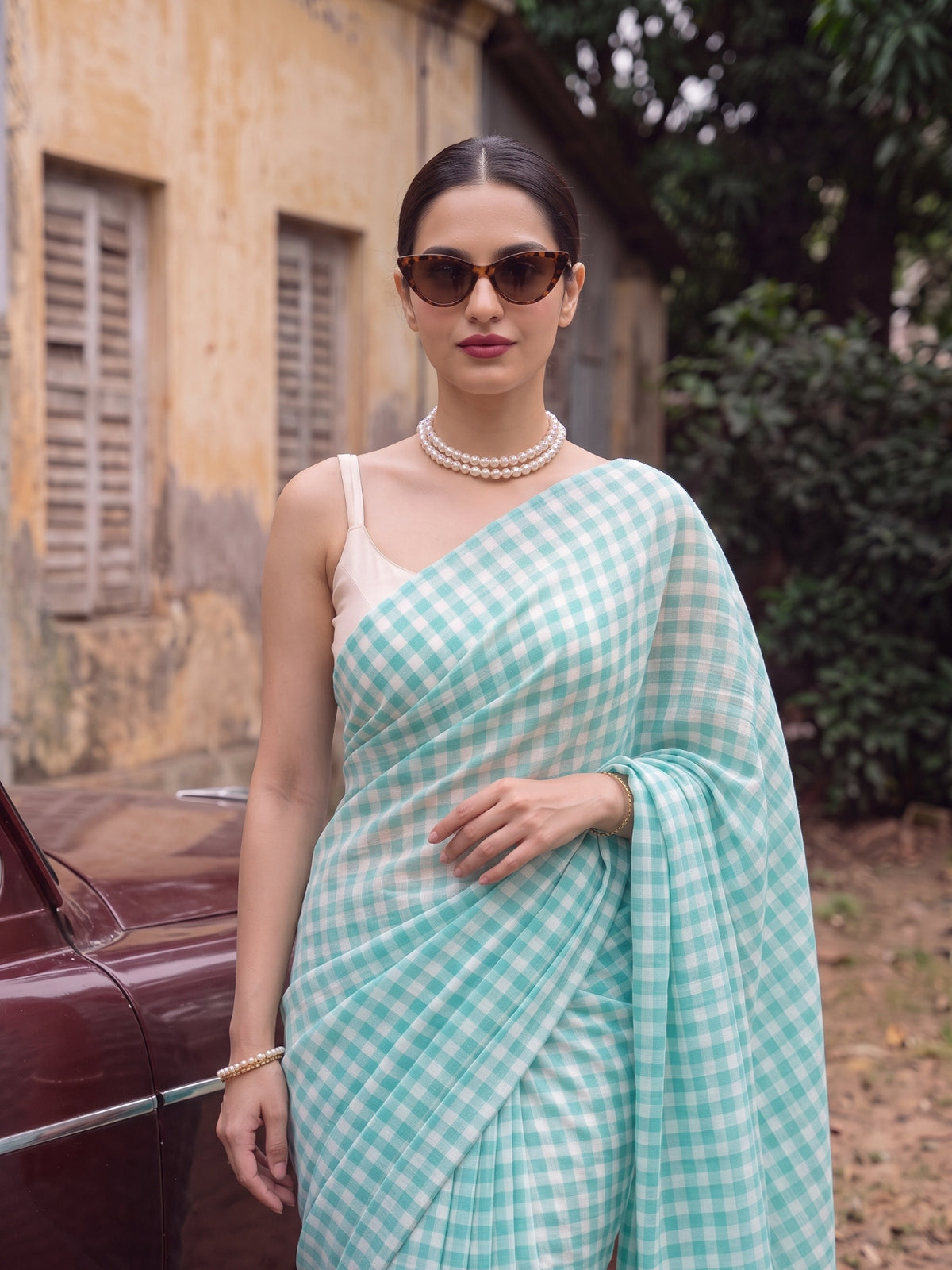 Cloudless Sky aqua blue gingham mulmul cotton saree, for daily wear