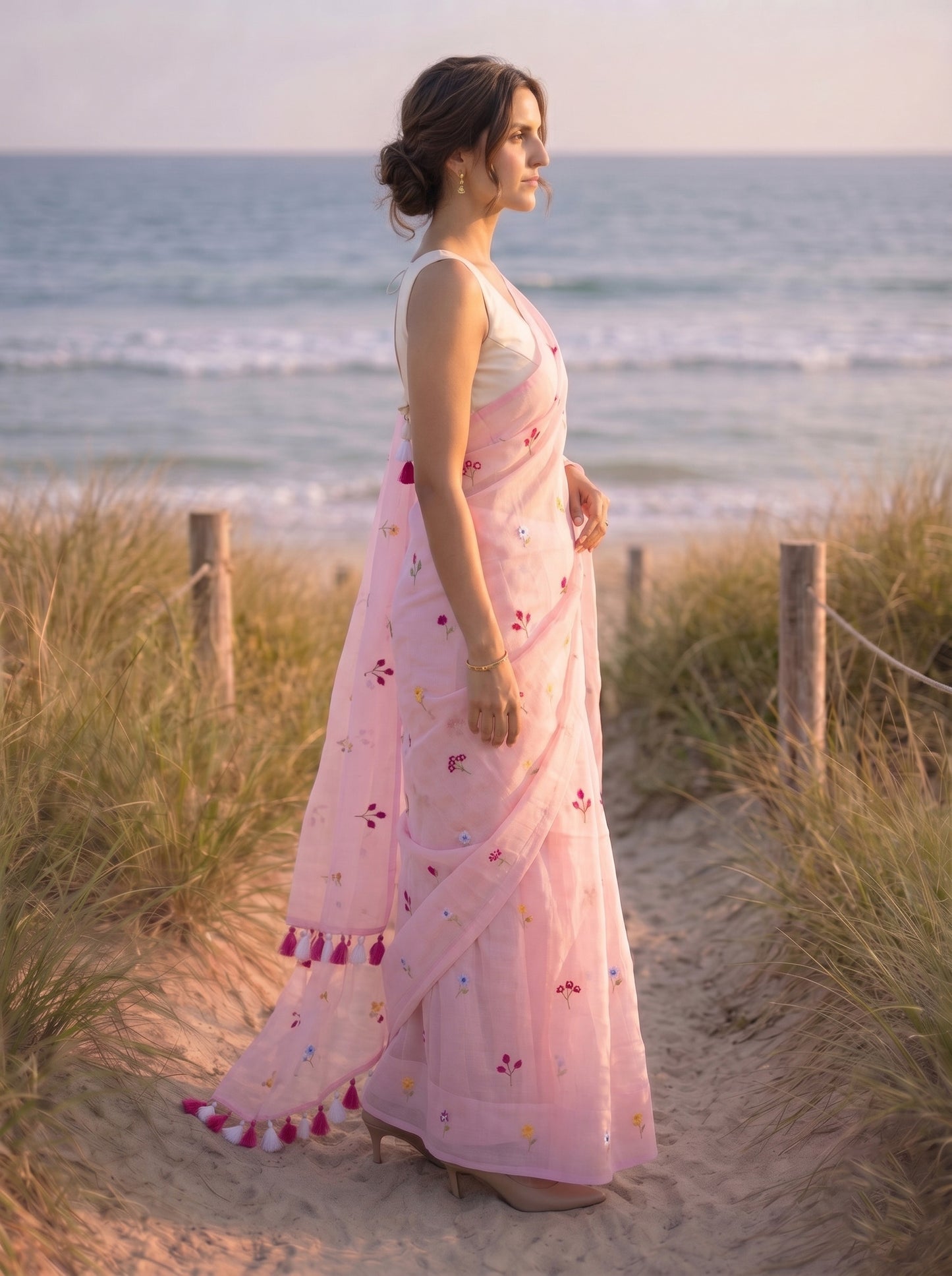 Gardenalia Pink - Embroidered Pure Mulmul Cotton Saree