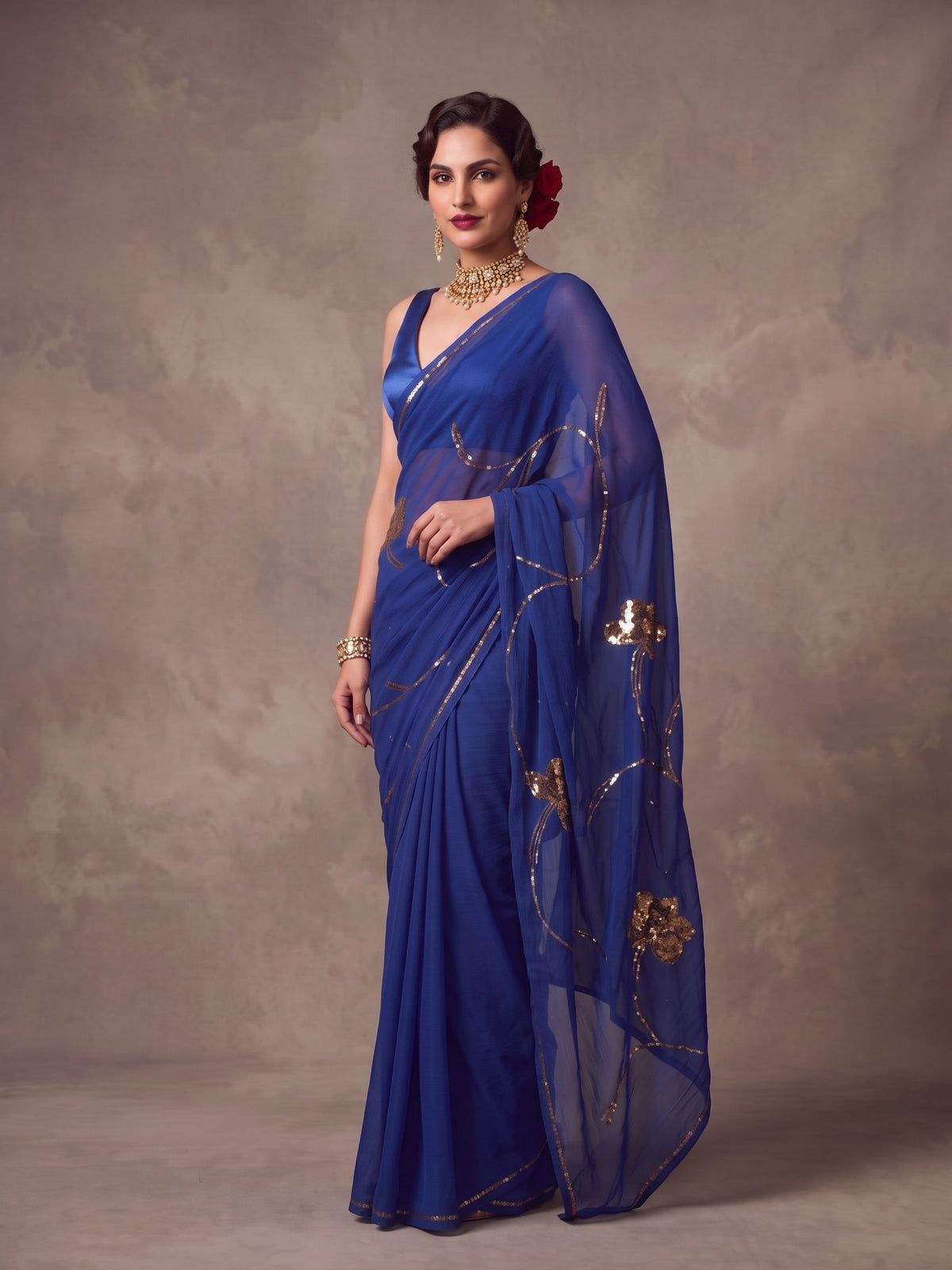 Sapphire - Royal Blue Gold Sequin Pure Chiffon Partywear Saree