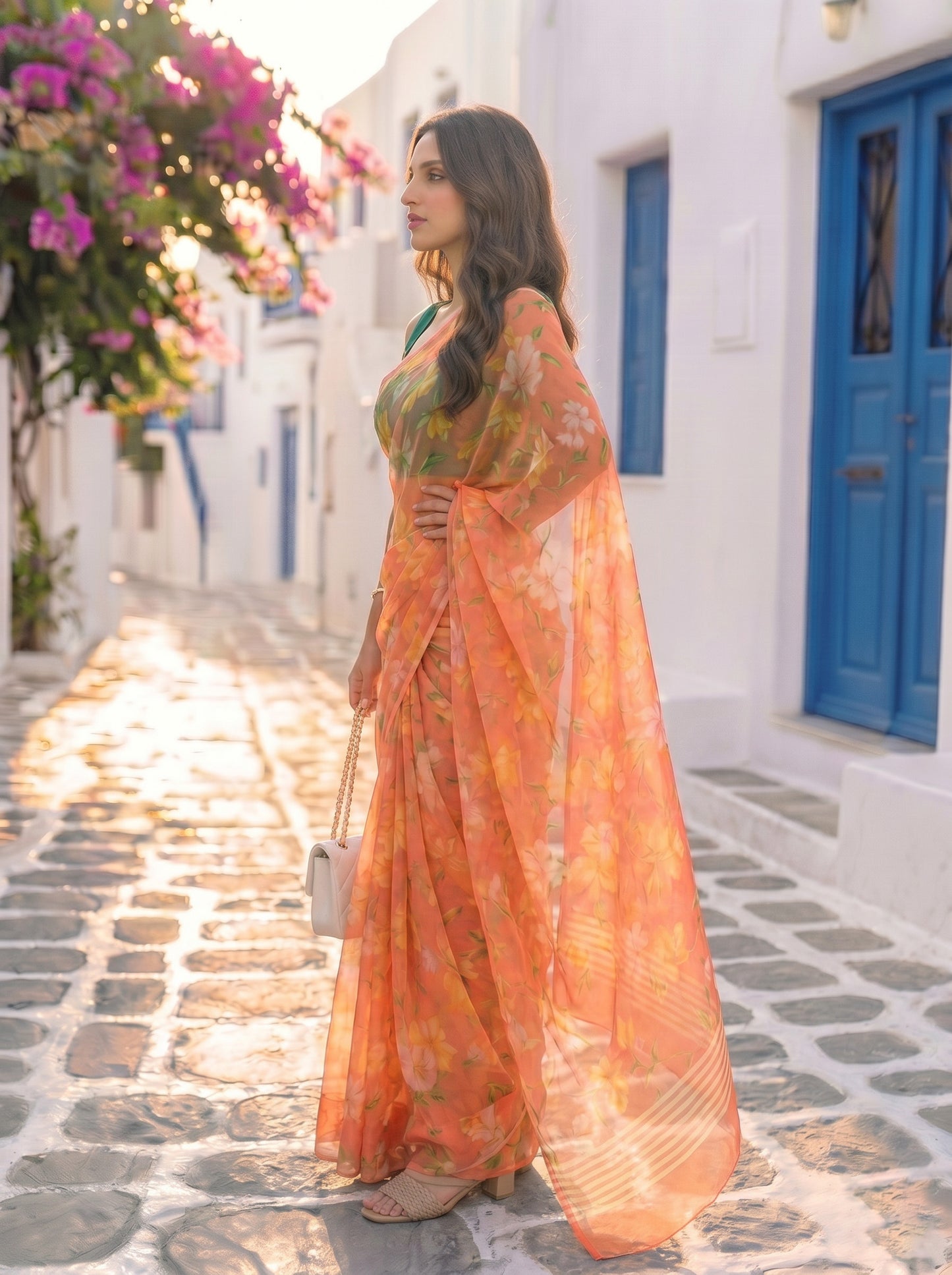 Elara - Orange Floral Print Pure Chiffon Saree