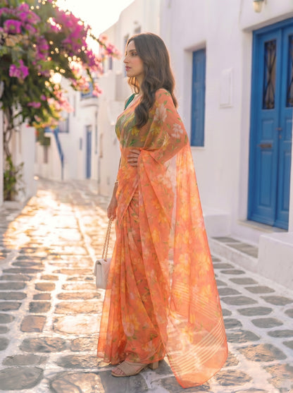 Elara - Orange Floral Print Pure Chiffon Saree