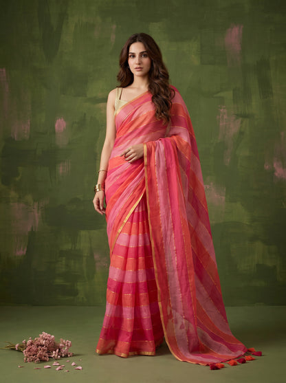 Sarini - Pink & Orange Striped Mul Cotton Zari Saree