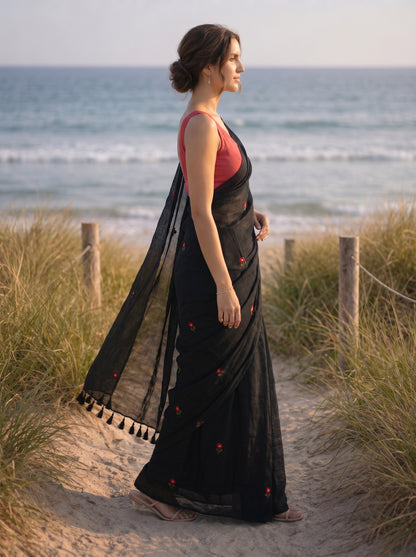 Periwinkle - Handembroidered Black Mulmul Cotton Saree