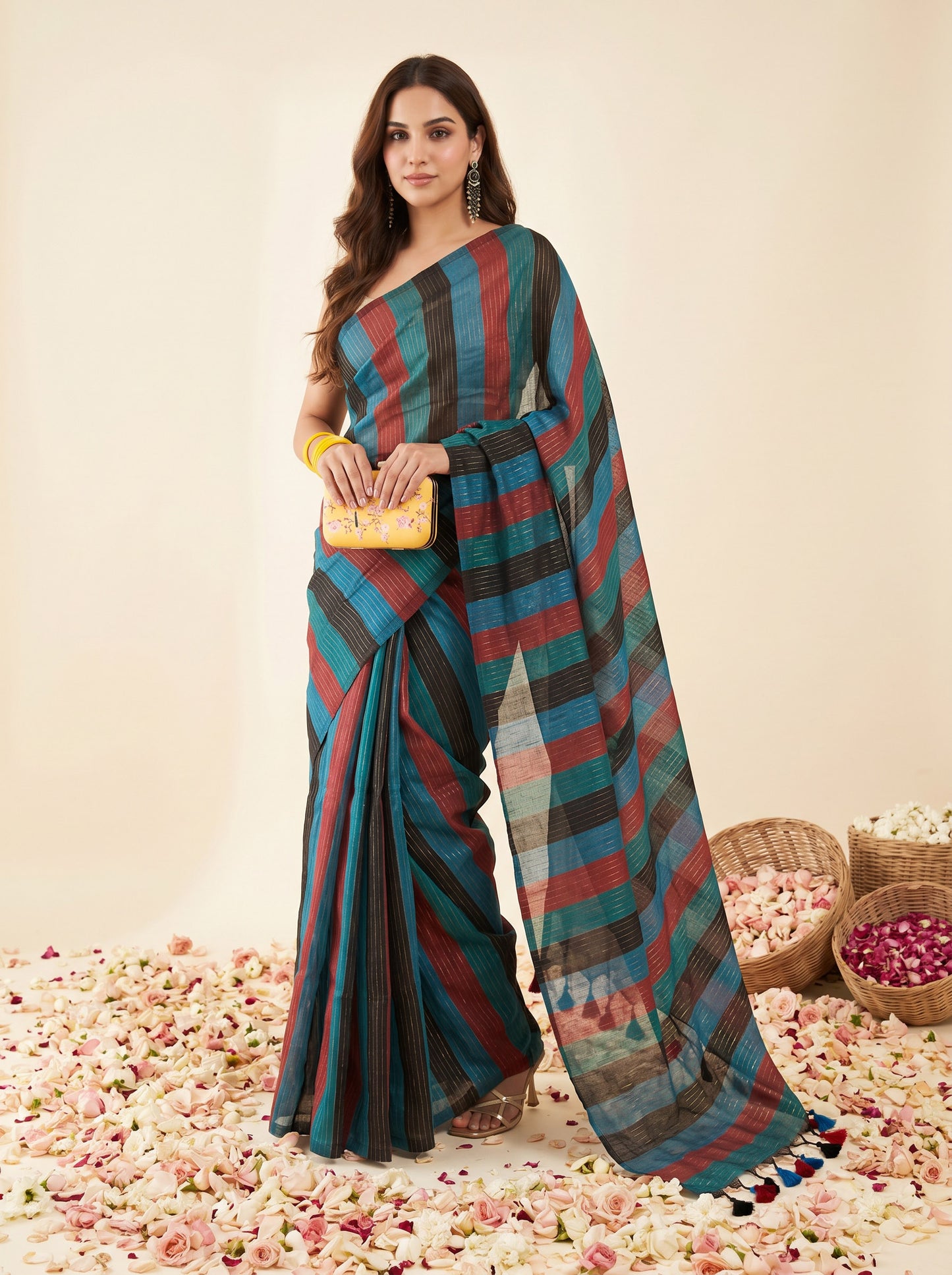 Siyaahi - Multicolour Striped Mul Cotton Zari Saree
