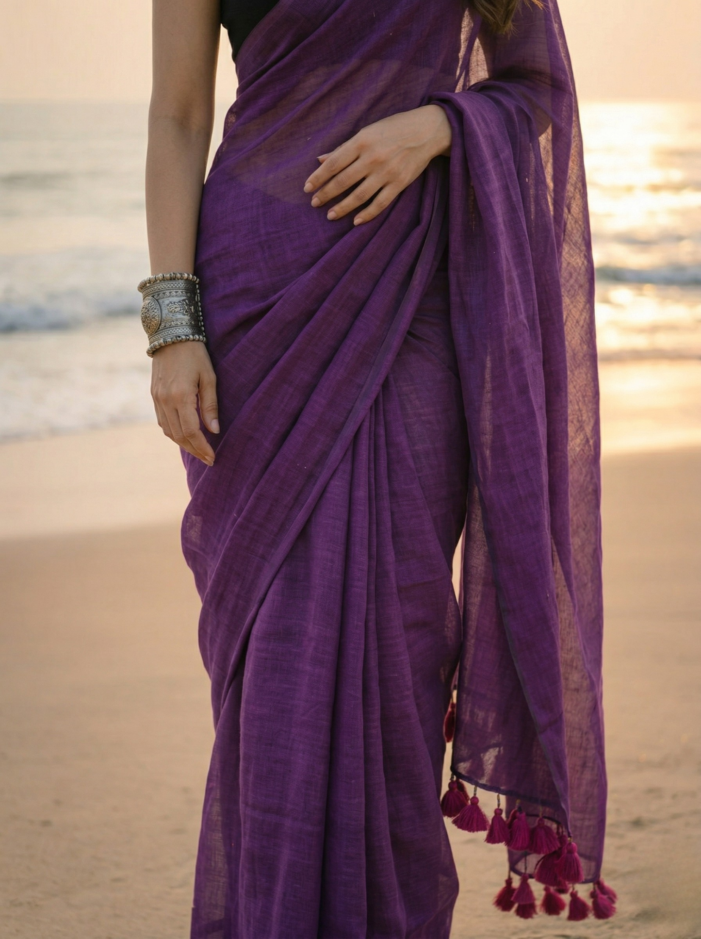 Blueberry Pie - Plain Royal Purple Mul Cotton Saree