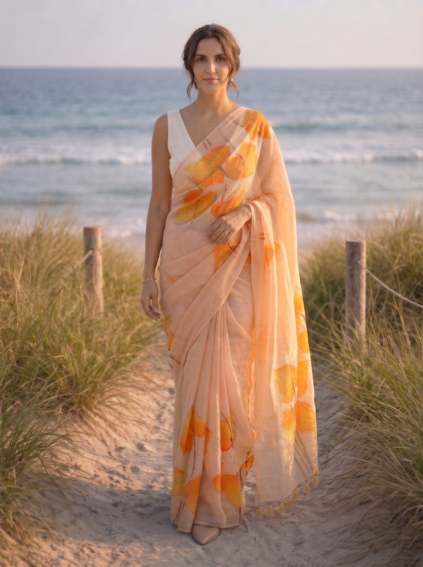 Anthuria- Beige Handpainted Mulmul Saree