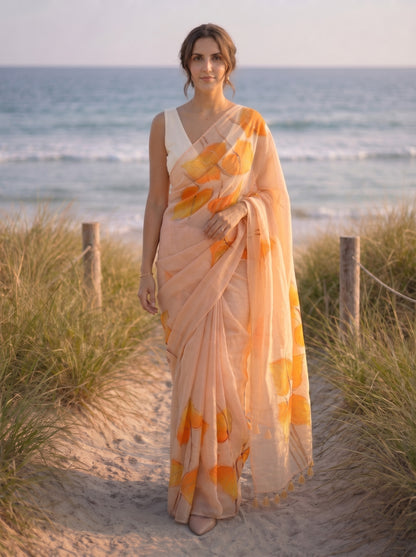 Anthuria- Beige Handpainted Mulmul Saree