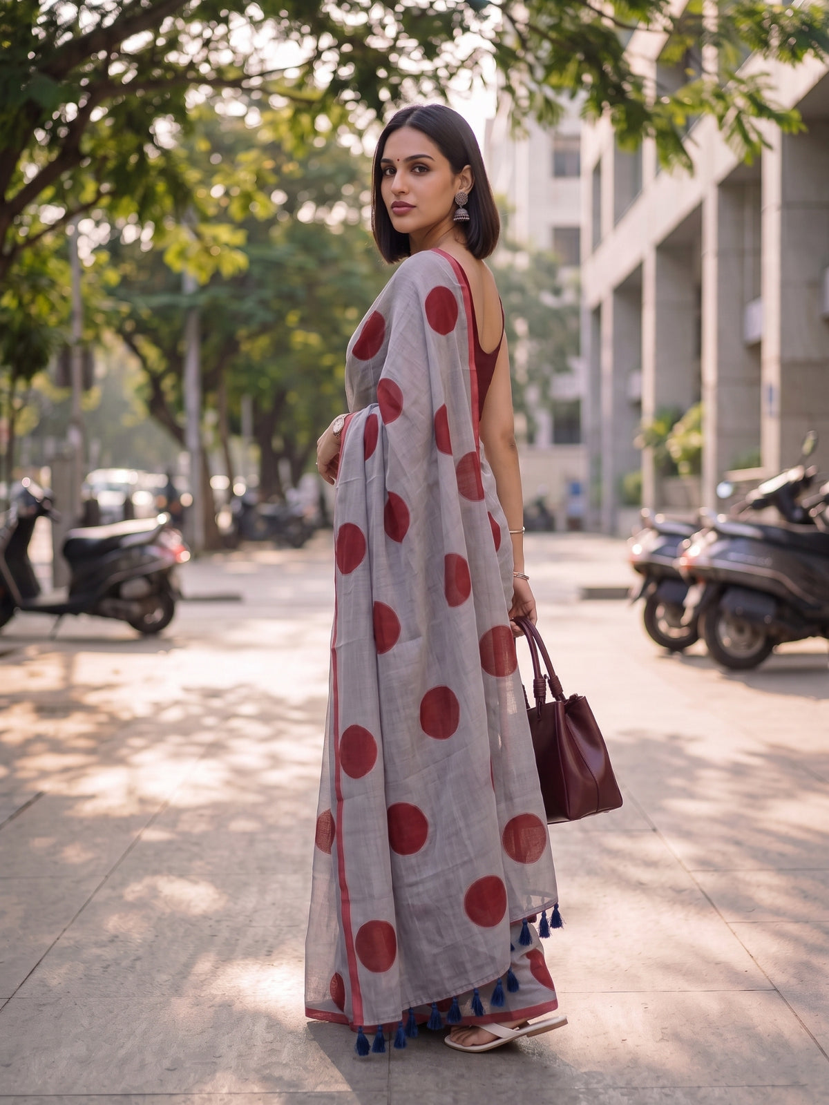 Spot On charcoal polka dot mulmul cotton saree, for office wear