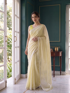 Buttercream - Yellow Pure Handloom Linen Saree with Zari border