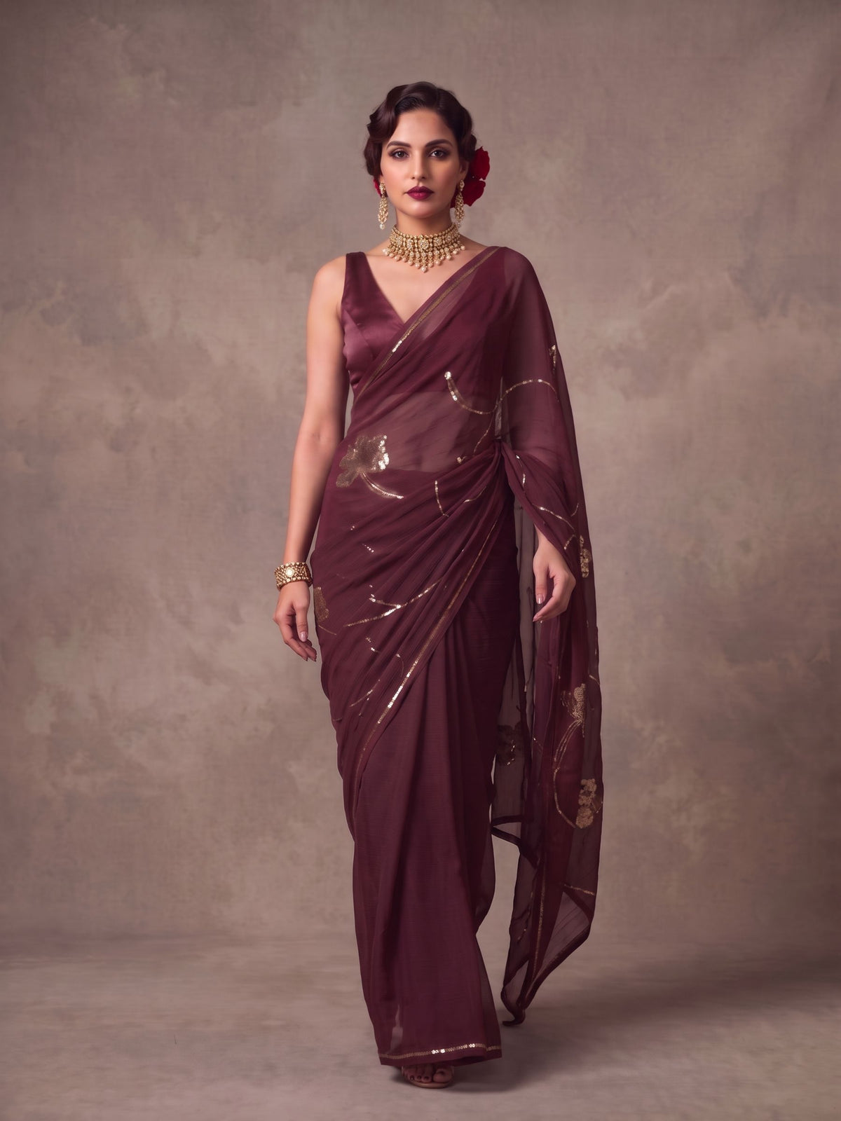 Midas - Resin Gold Sequin Pure Chiffon Partywear Saree