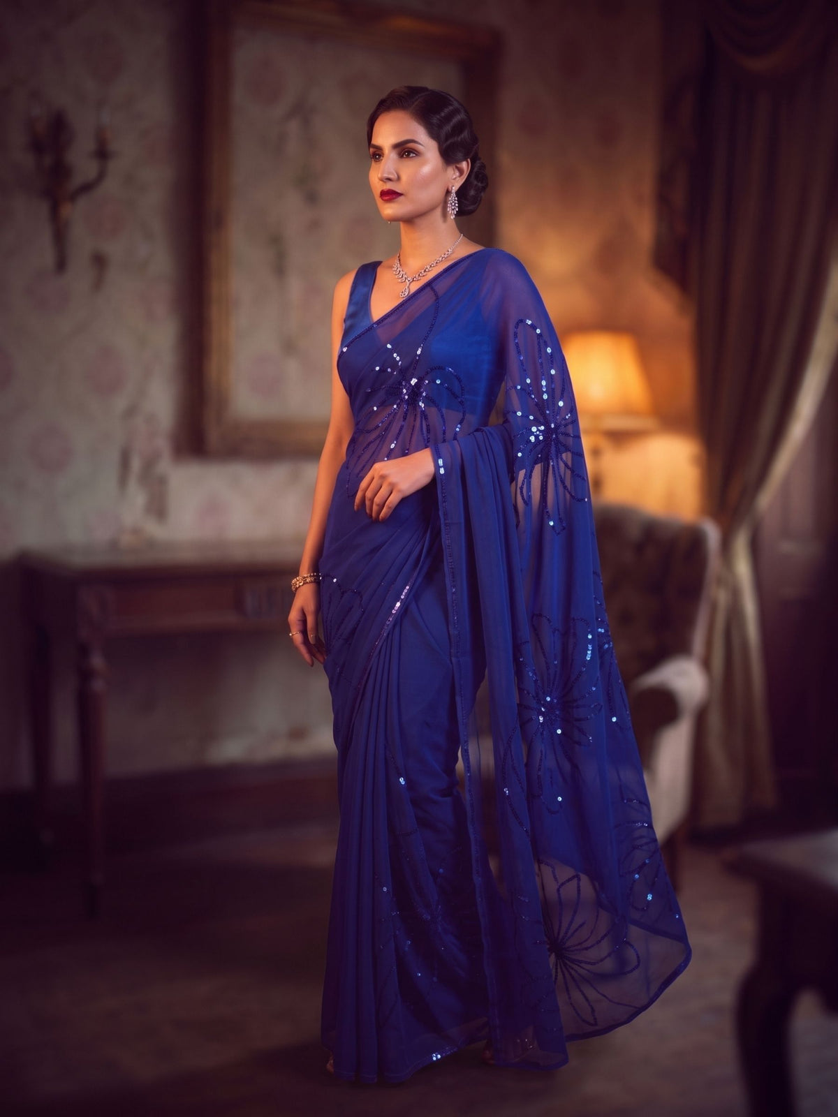City of Stars - Royal Blue Sequin Pure Chiffon Partywear Saree