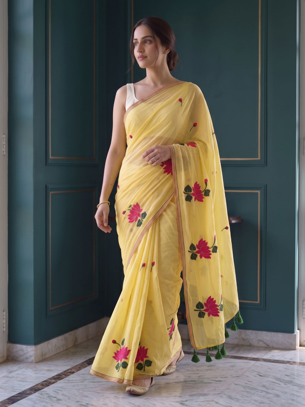 Sunkissed - Lemon Yellow Lotus Mul Cotton Saree