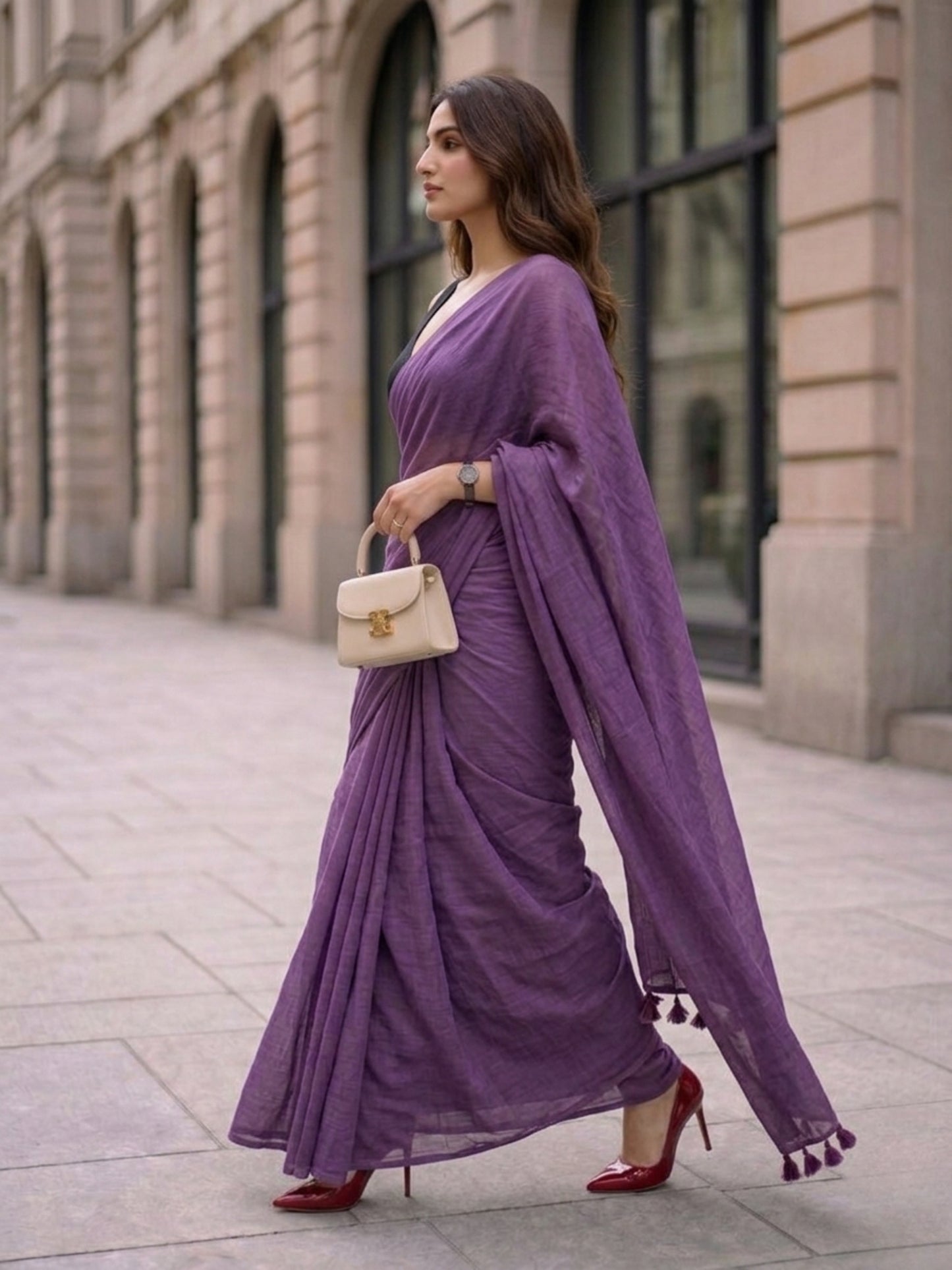 Twilight Bloom - Plain Deep Violet Mul Cotton Saree