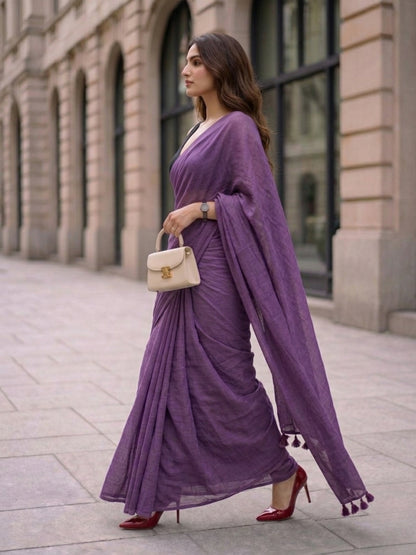 Twilight Bloom - Plain Deep Violet Mul Cotton Saree