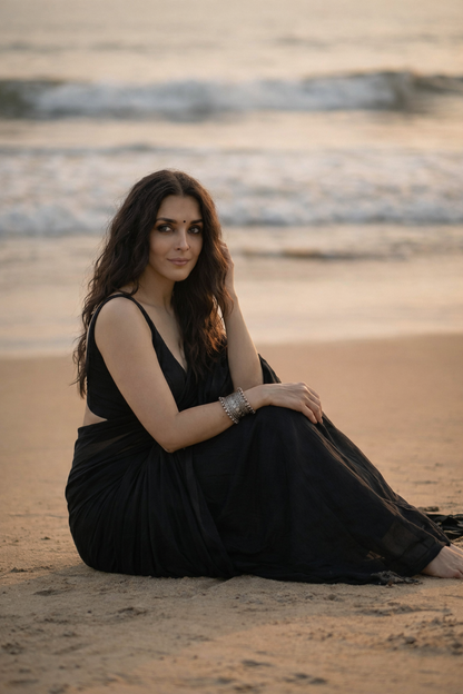 After Dark - Plain Black Mul Cotton Saree