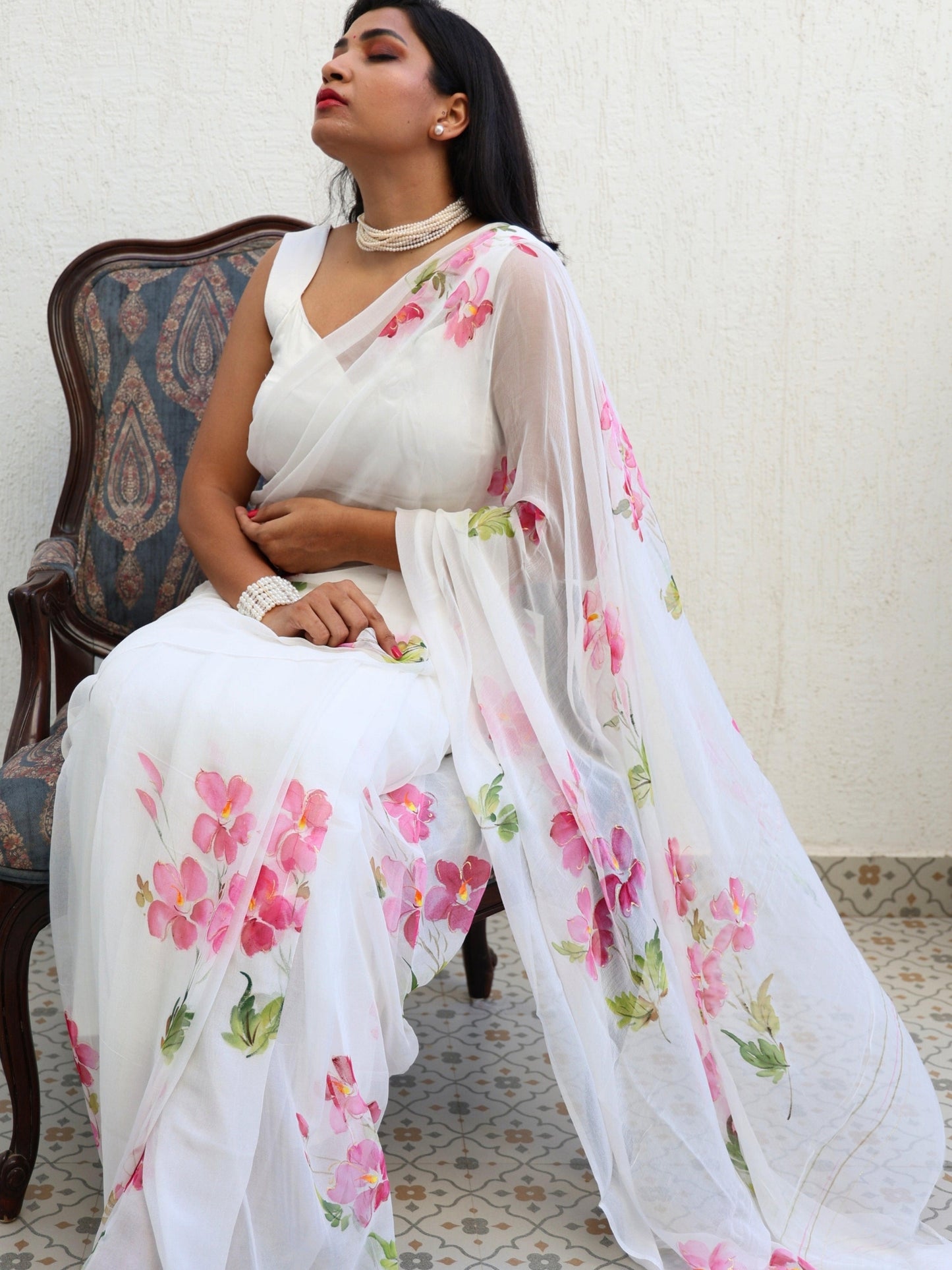 English Primrose - White Floral Hand Painted Pure Chiffon Saree