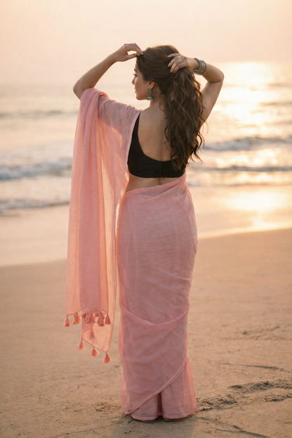 Coral Mist - Plain Pink Mul Cotton Saree