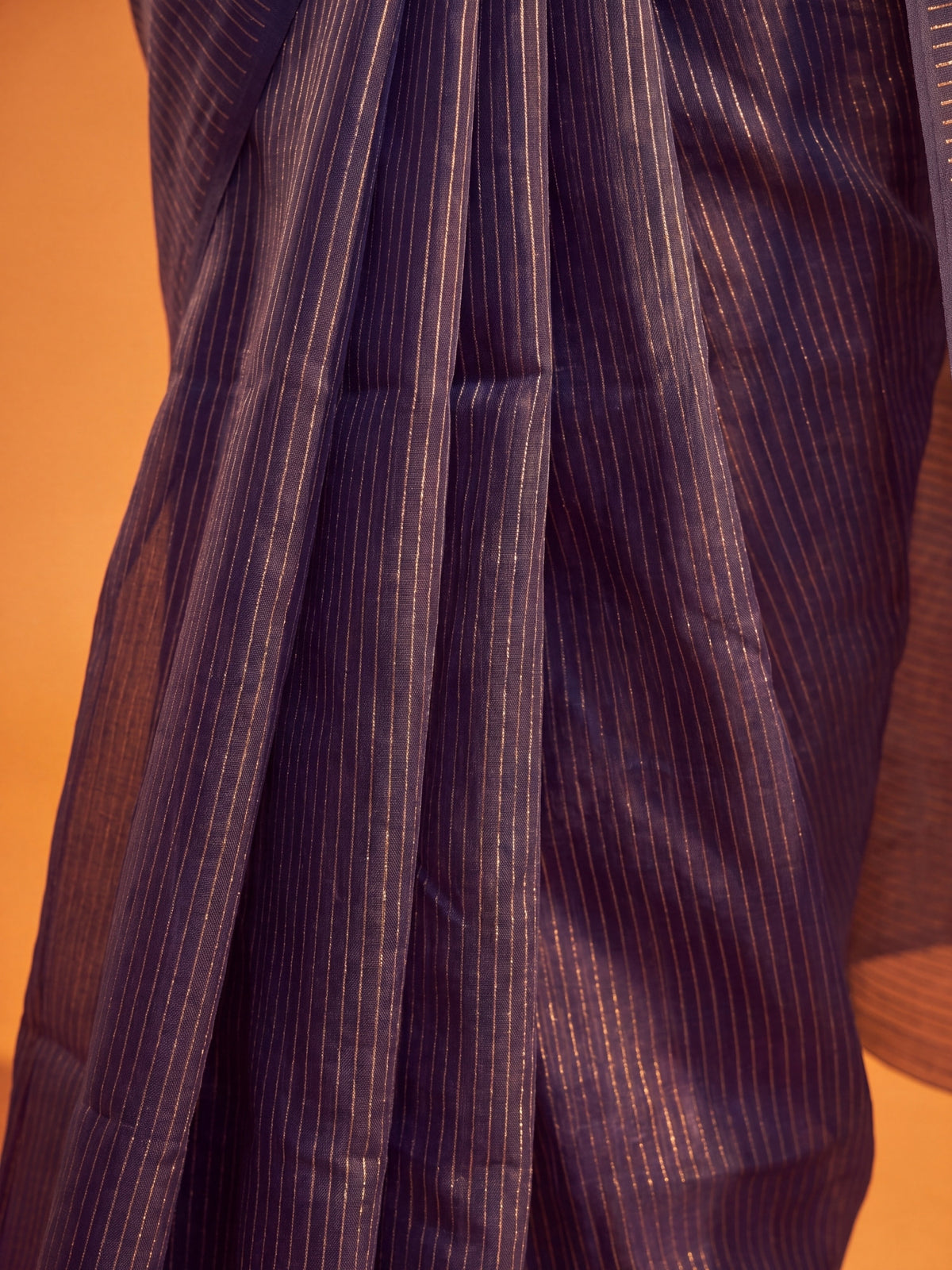 Magic At Midnight - Blue Striped Mul Cotton Zari Saree