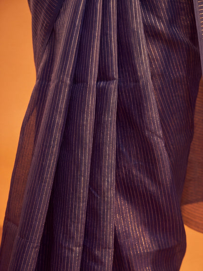 Magic At Midnight - Blue Striped Mul Cotton Zari Saree