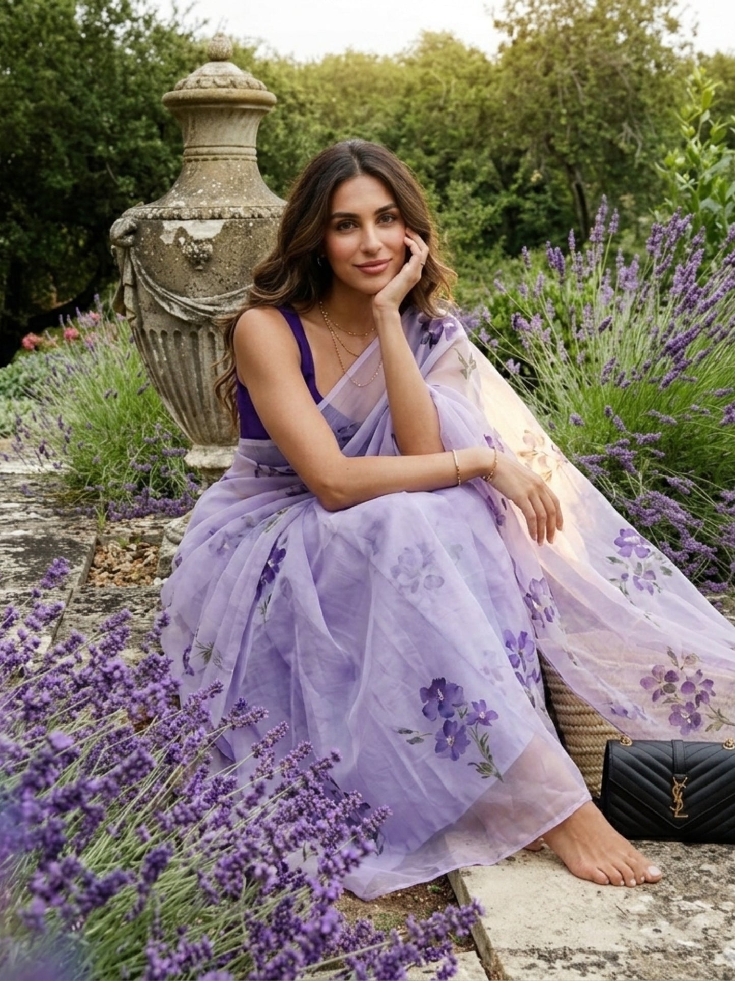 European Viola - Violet Floral Hand Painted Pure Chiffon Saree