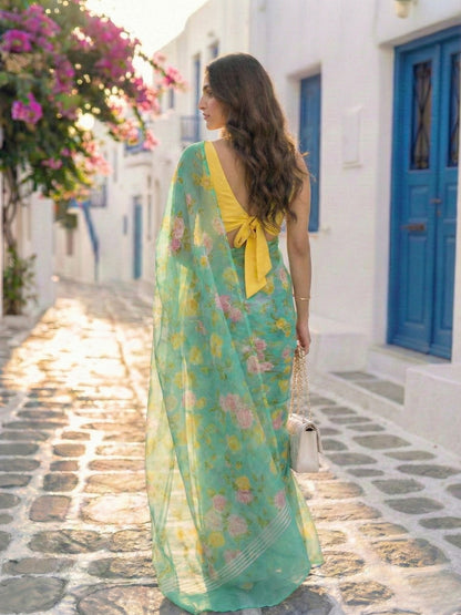 Selene - Turquoise Blue Floral Print Pure Chiffon Saree