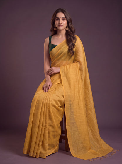 Mustard - Yellow Handloom Linen Tissue Saree