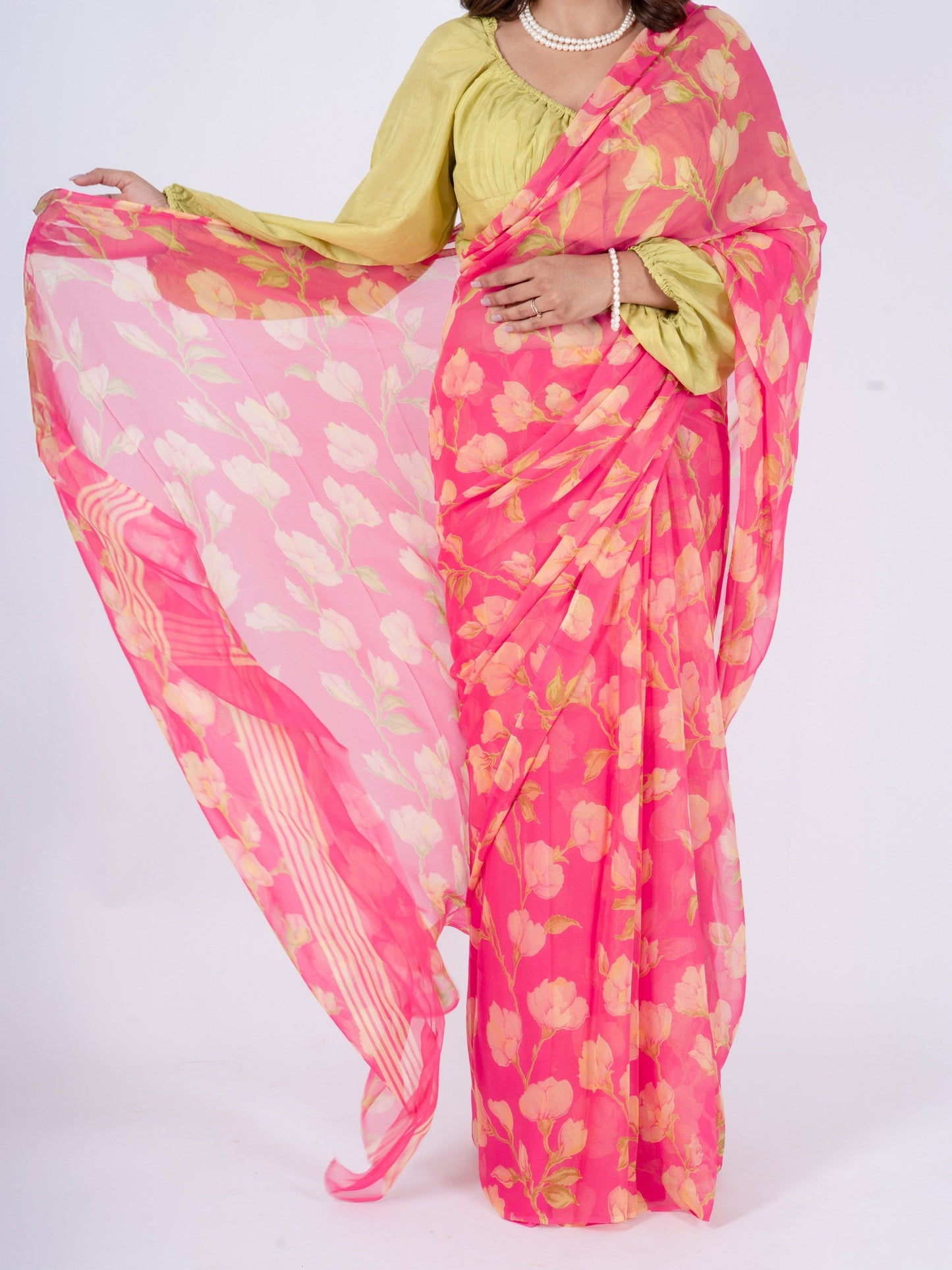 Elysia - Pink Floral Print Pure Chiffon Saree