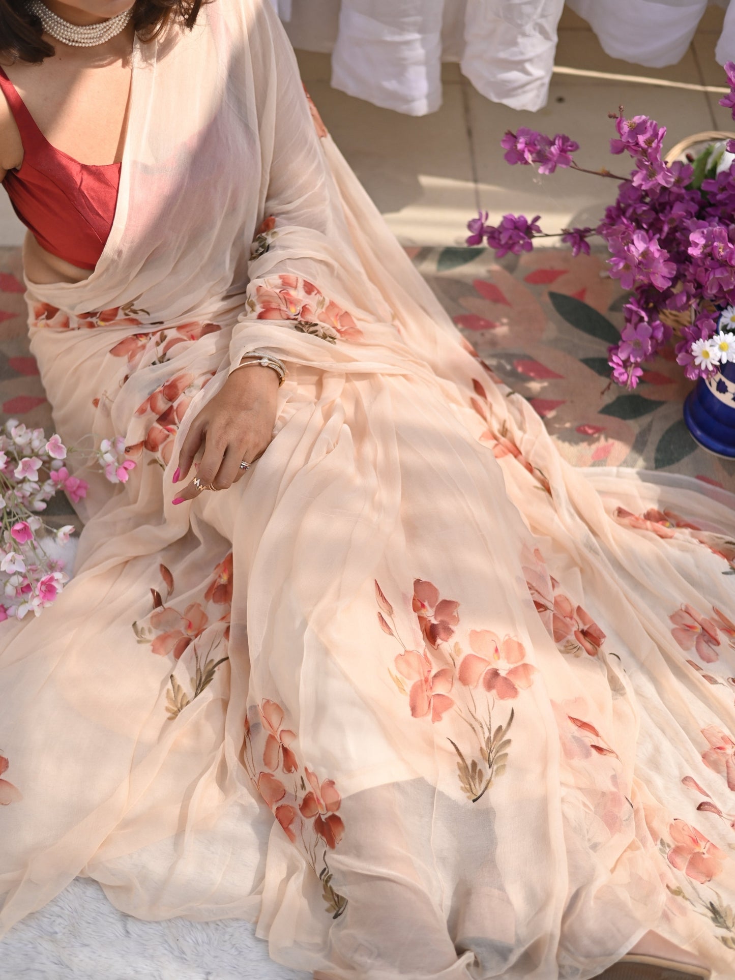 Frangipani - Beige Floral Hand Painted Pure Chiffon Saree