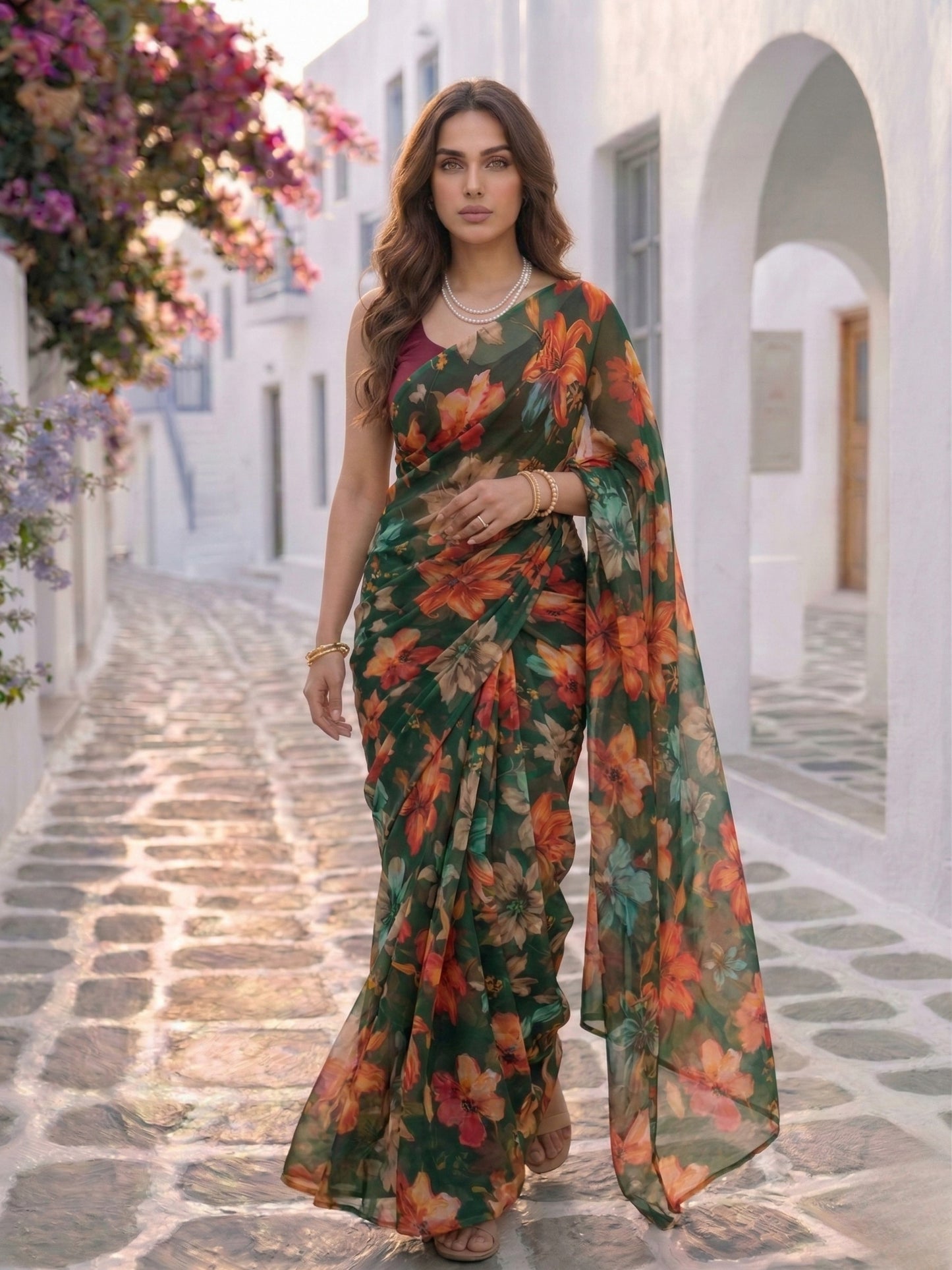Orelia - Green Floral Print Pure Chiffon Saree
